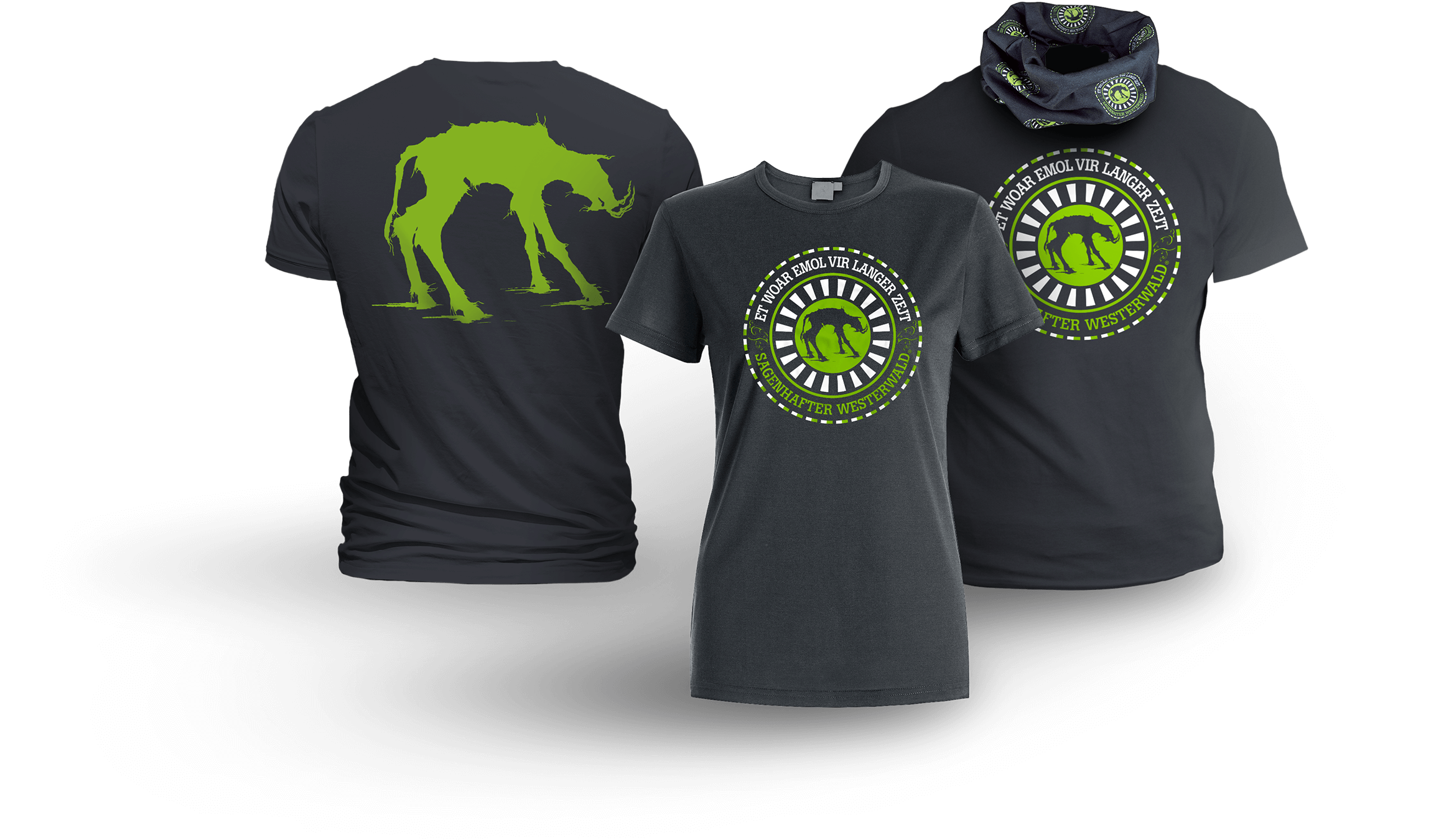 Die Fanartikel von "Sagenhafter Westerwald": Bequeme T-Shirts mit coolem Aufdruck und praktische Multifunktionstücher